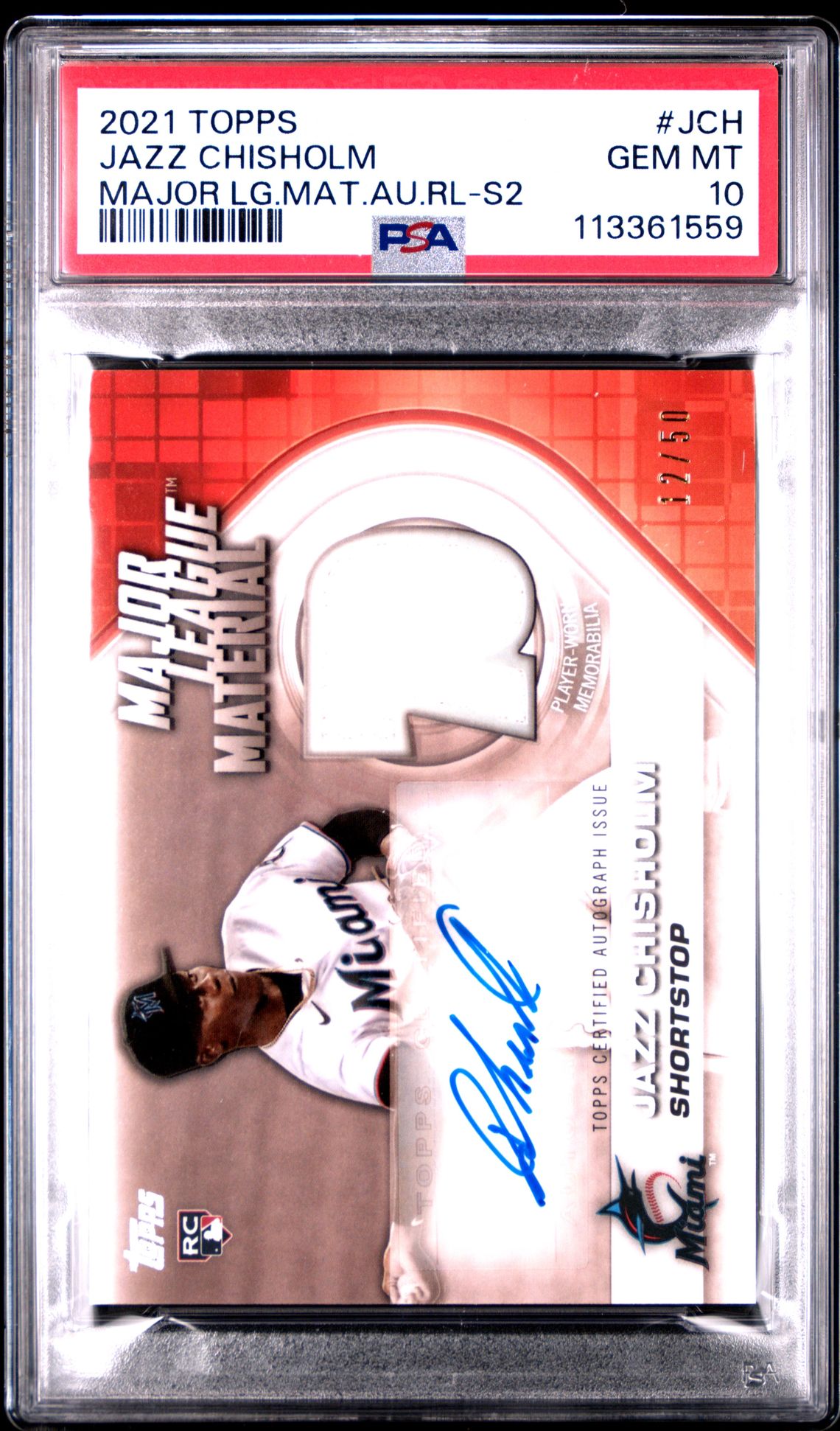 2021 Topps Major League Material Autographs Relics Jazz Chisholm #Jch (Major Lg.mat.au.rl-S2) Gem Mt 10 front