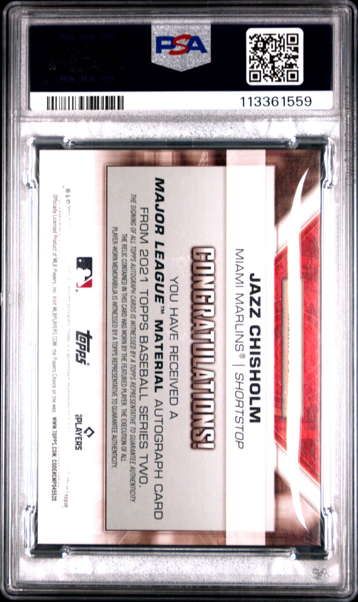 2021 Topps Major League Material Autographs Relics Jazz Chisholm #Jch (Major Lg.mat.au.rl-S2) Gem Mt 10 back