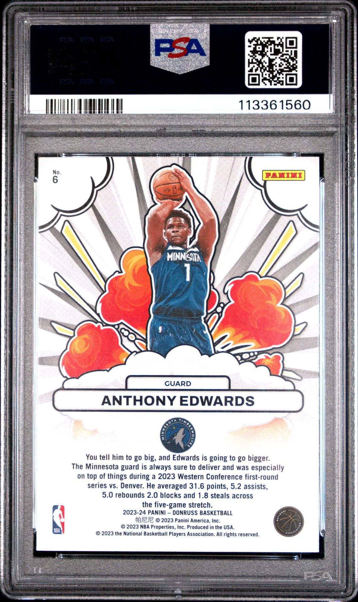 2023 Panini Donruss Bomb Squad Anthony Edwards #6 Gem Mt 10 back