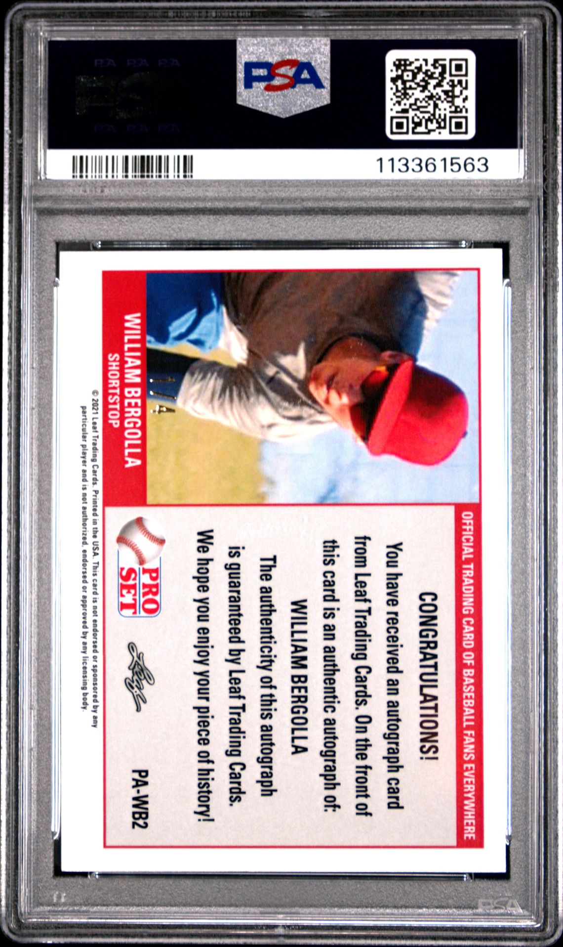 2021 Leaf Pro Set Metal 1989 Pro Set Autographs William Bergolla #Pawb2 ('89 Pr.st.au-Crystl.silver) Mint 9 back