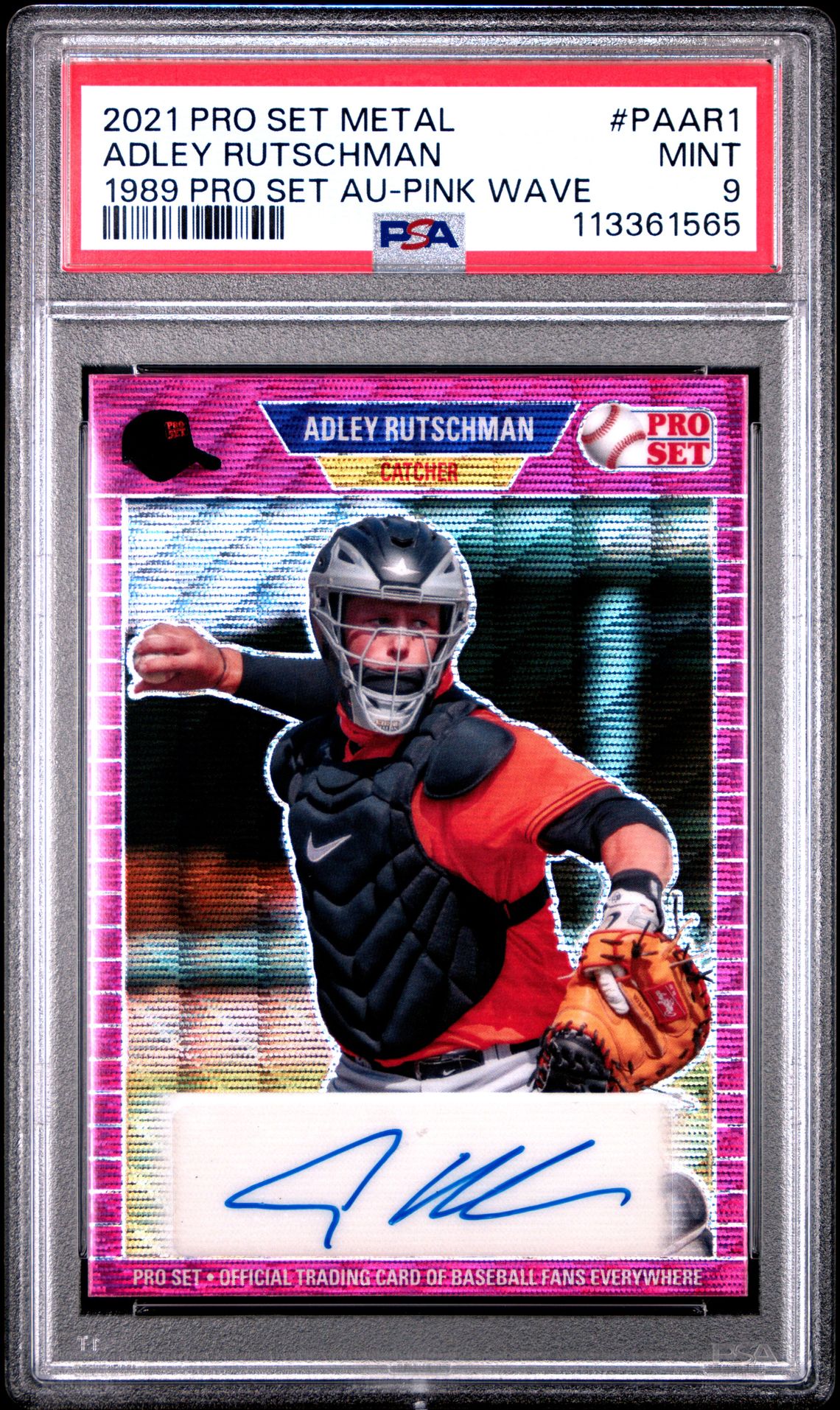 2021 Leaf Pro Set Metal 1989 Pro Set Autographs Adley Rutschman #Paar1 (1989 Pro Set Au-Pink Wave) Mint 9 front