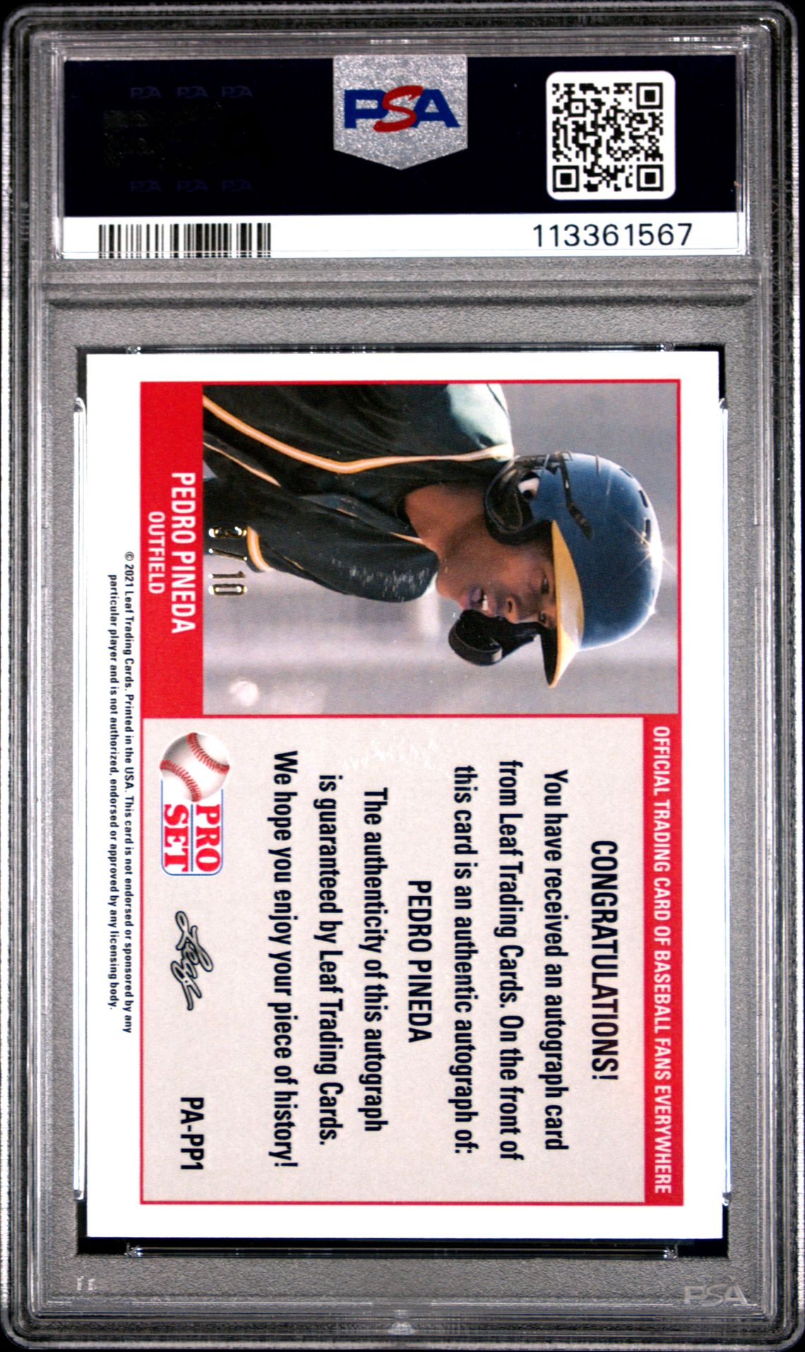 2021 Leaf Pro Set Metal 1989 Pro Set Autographs Pedro Pineda #Papp1 ('89 Pr.st.au-Purple Mojo) Mint 9 back