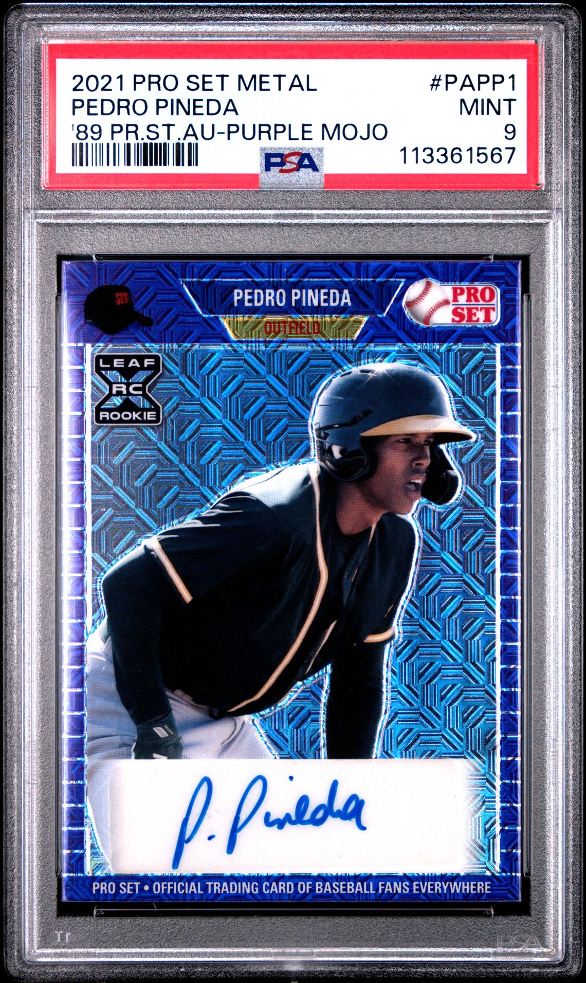 2021 Leaf Pro Set Metal 1989 Pro Set Autographs Pedro Pineda #Papp1 ('89 Pr.st.au-Purple Mojo) Mint 9 front