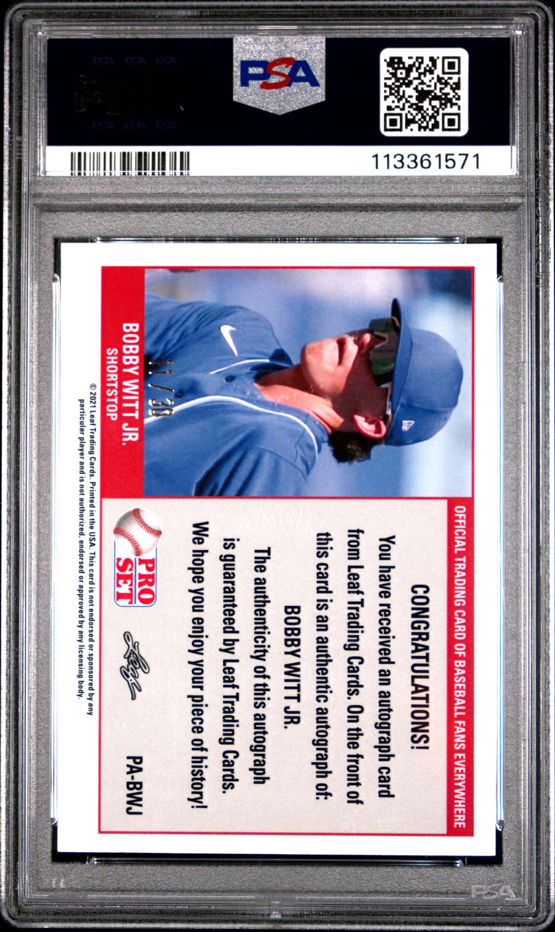 2021 Leaf Pro Set Metal 1989 Pro Set Autographs Bobby Witt Jr. #Pabwj ('89 Pro Set Auto-Blue Wave) Mint 9 back