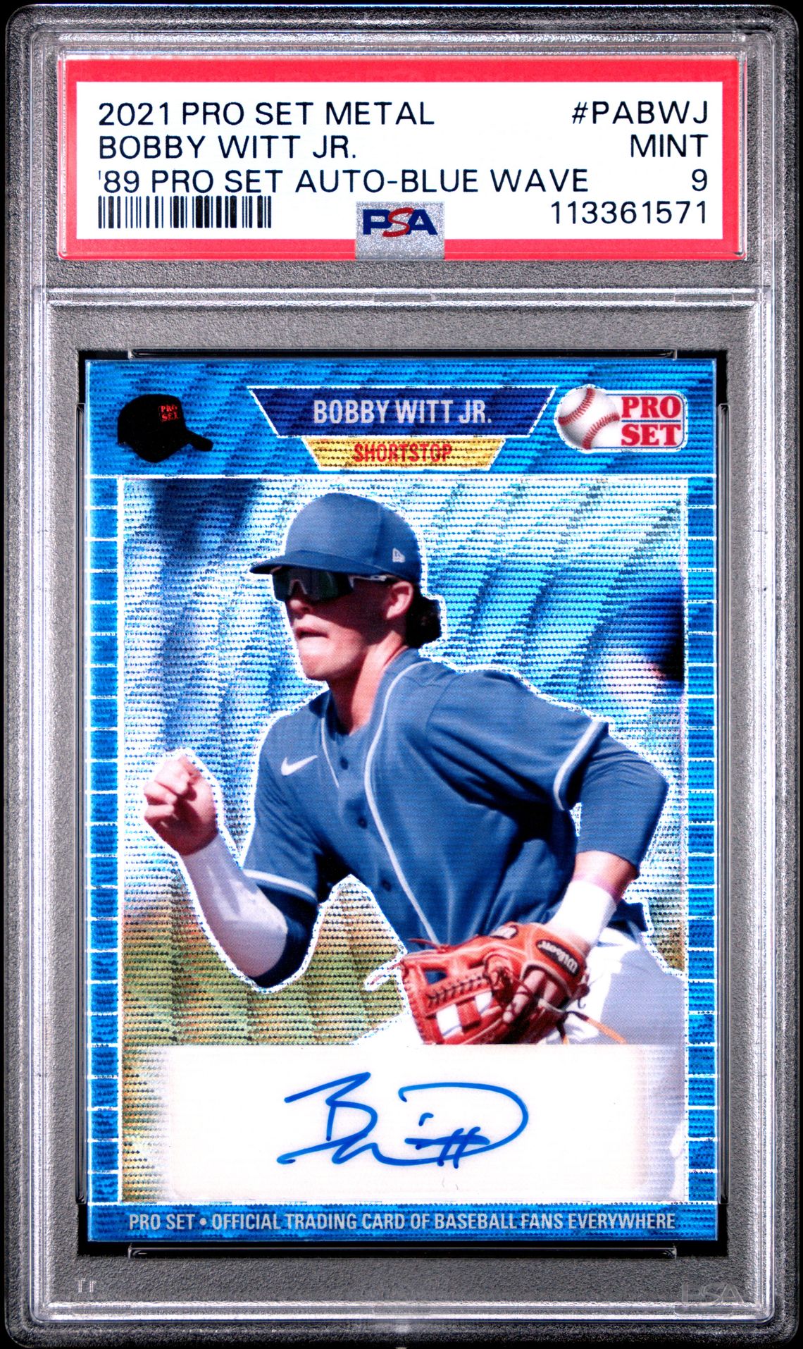 2021 Leaf Pro Set Metal 1989 Pro Set Autographs Bobby Witt Jr. #Pabwj ('89 Pro Set Auto-Blue Wave) Mint 9 front