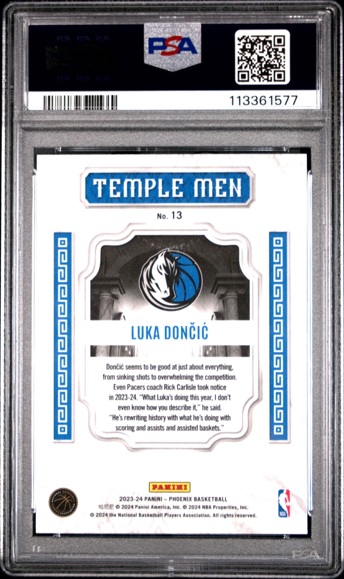 2023 Panini Phoenix Temple Men Luka Doncic #13 (Temple Men-Teal Lazer) Gem Mt 10 back