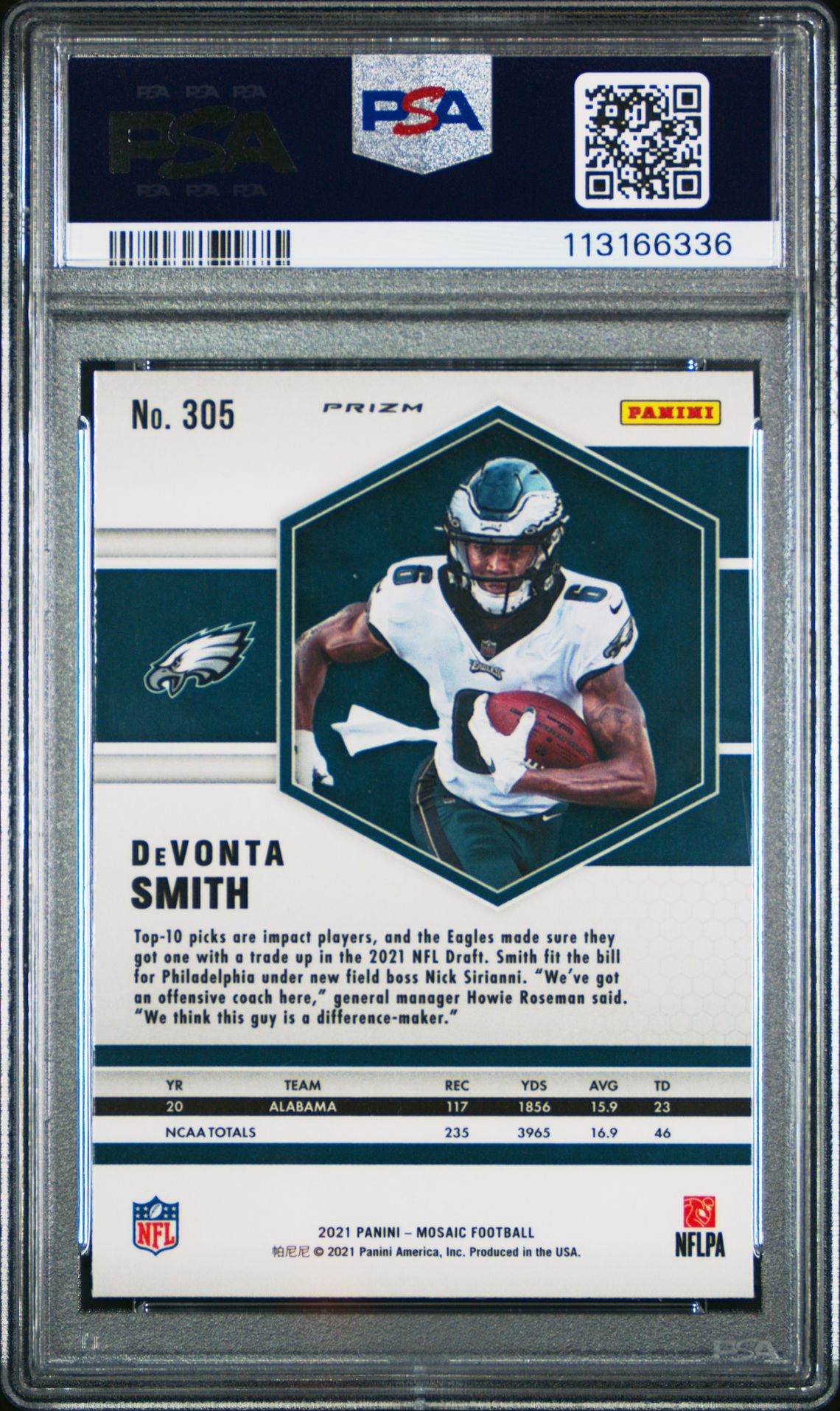 2021 Panini Mosaic Devonta Smith #305 (Reactive Orange) Gem Mt 10 back