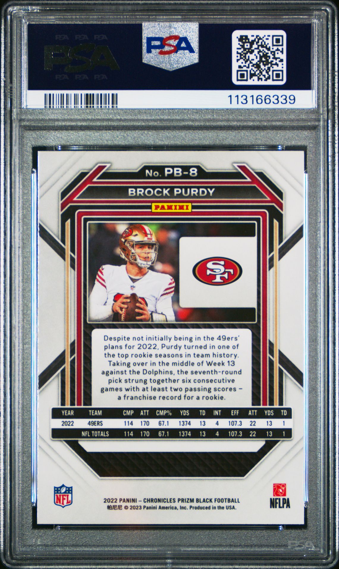 2022 Panini Chronicles Prizm Black Brock Purdy #Pb8 Gem Mt 10 back