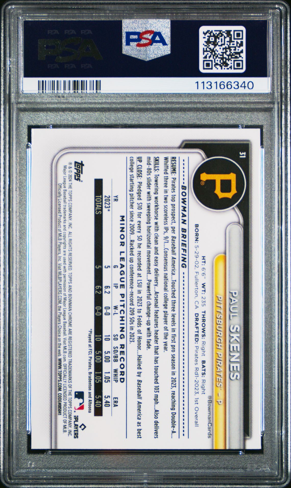 2024 Bowman Chrome Paul Skenes #31 Mint 9 back