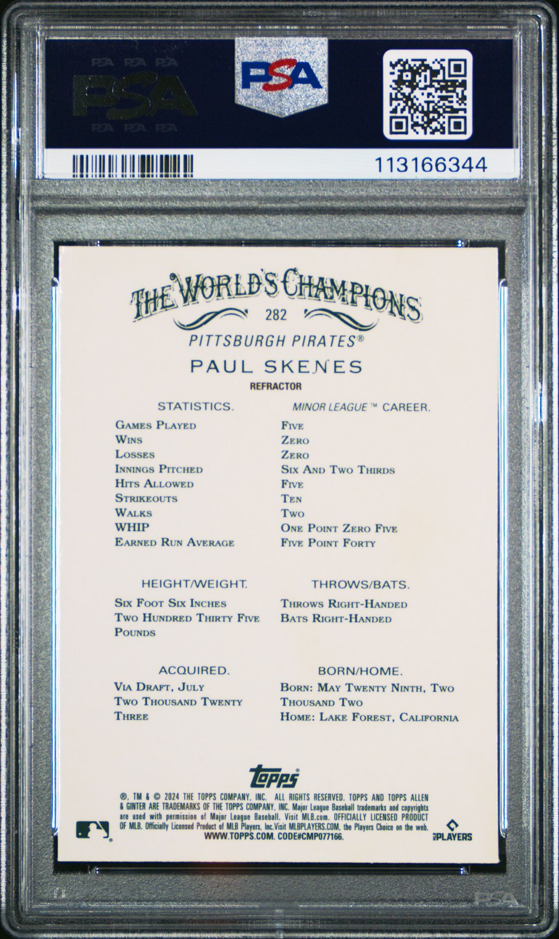 2024 Topps Allen & Ginter Paul Skenes #282 (Chrome-Refractor) Mint 9 back