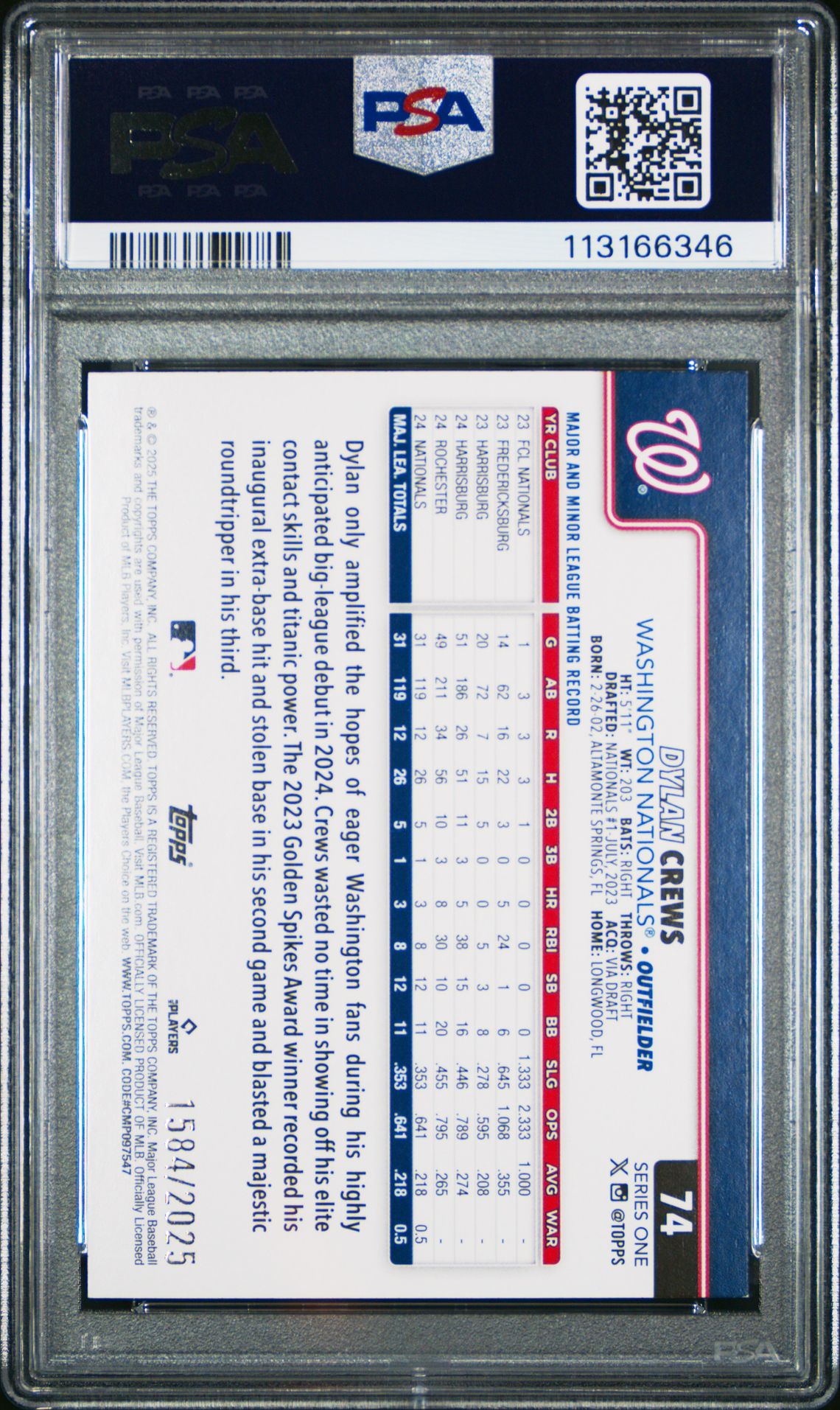 2025 Topps Dylan Crews #74 (Gold) Mint 9 back