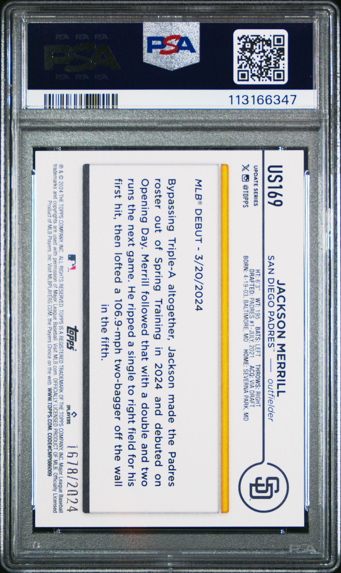 2024 Topps Update Jackson Merrill #Us169 (Gold) Nm-Mt 8 back