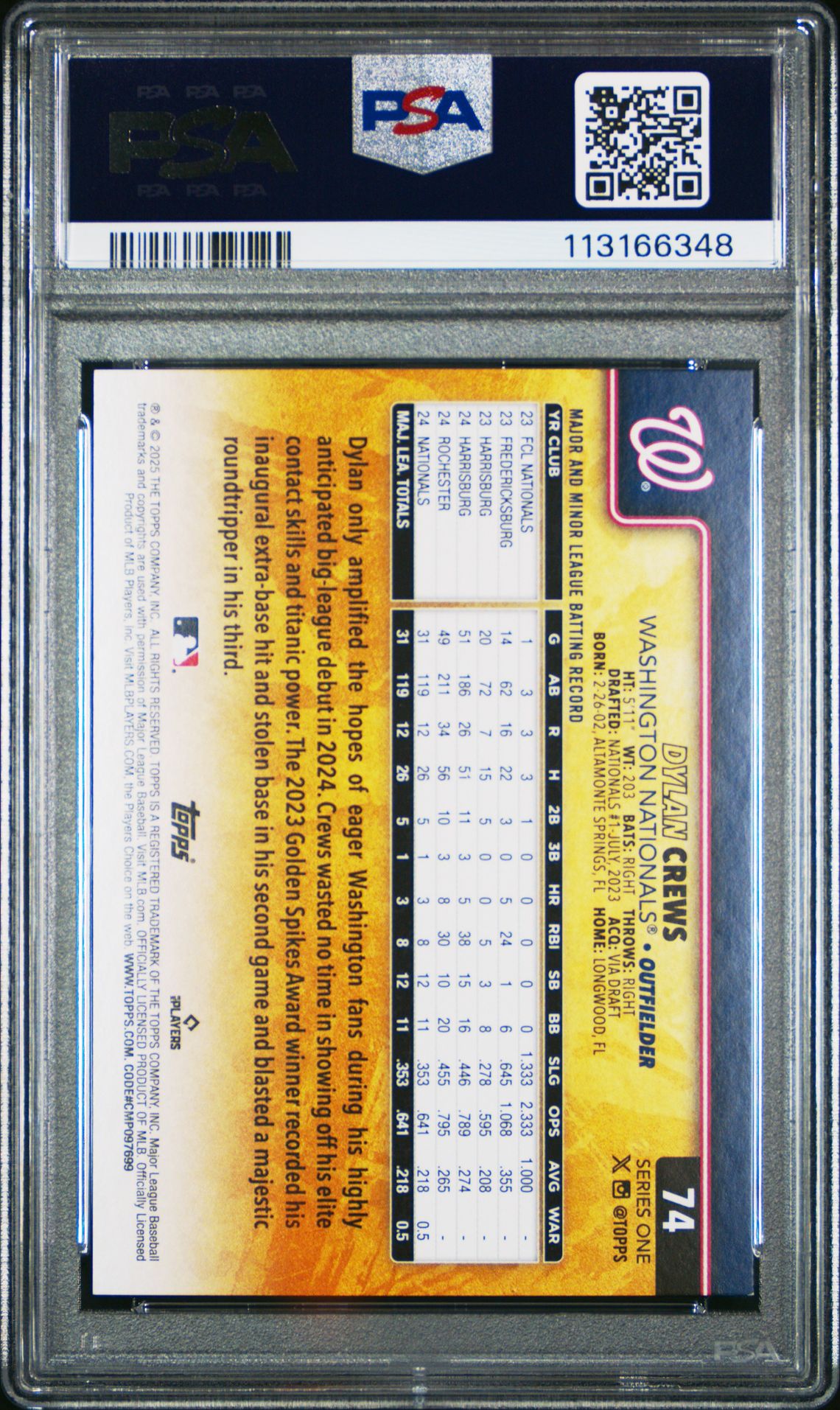 2025 Topps Dylan Crews #74 (Golden Mirror) Mint 9 back