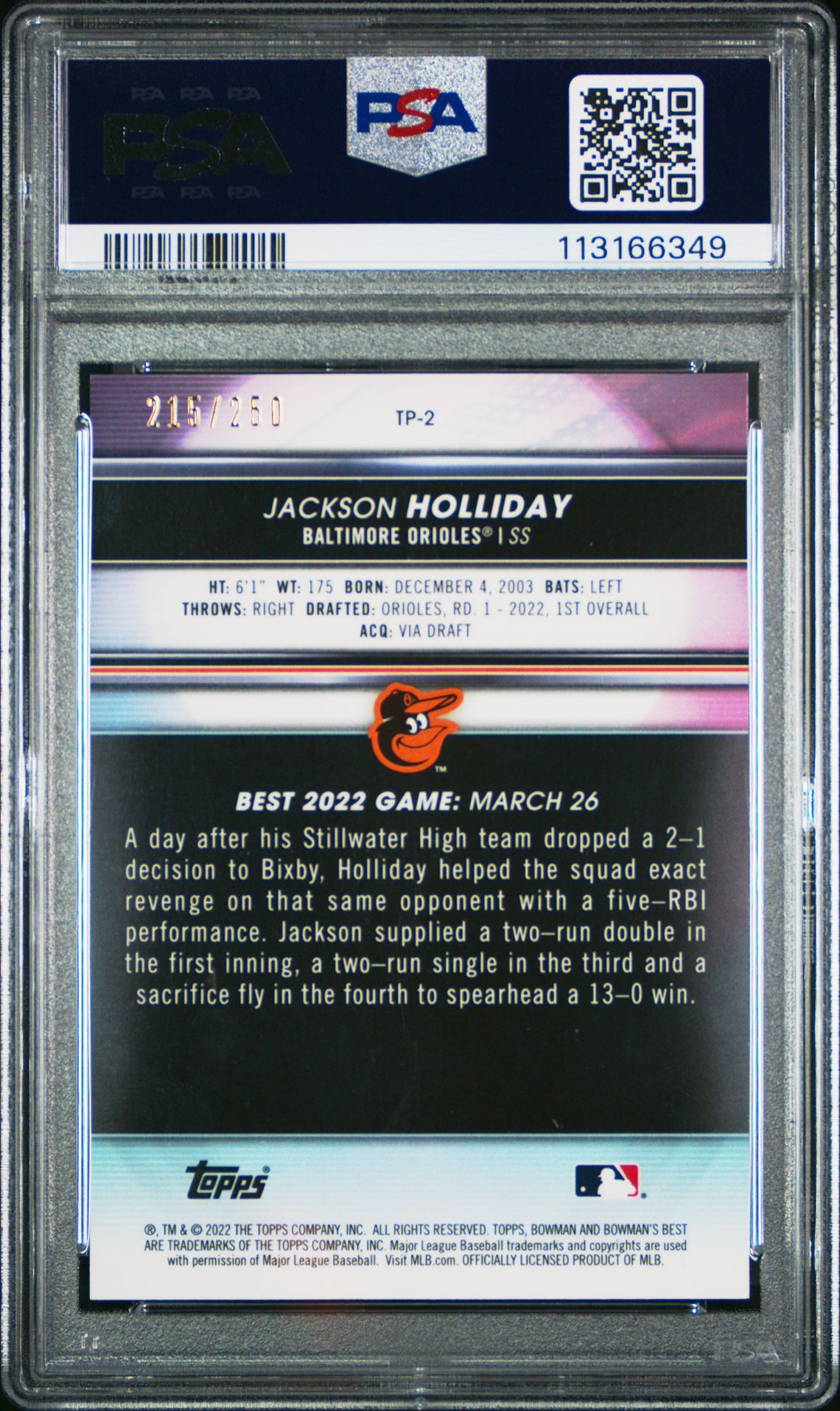 2022 Bowman's Best Top Prospects Jackson Holliday #Tp2 (Top Prospects-Purple Ref) Gem Mt 10 back