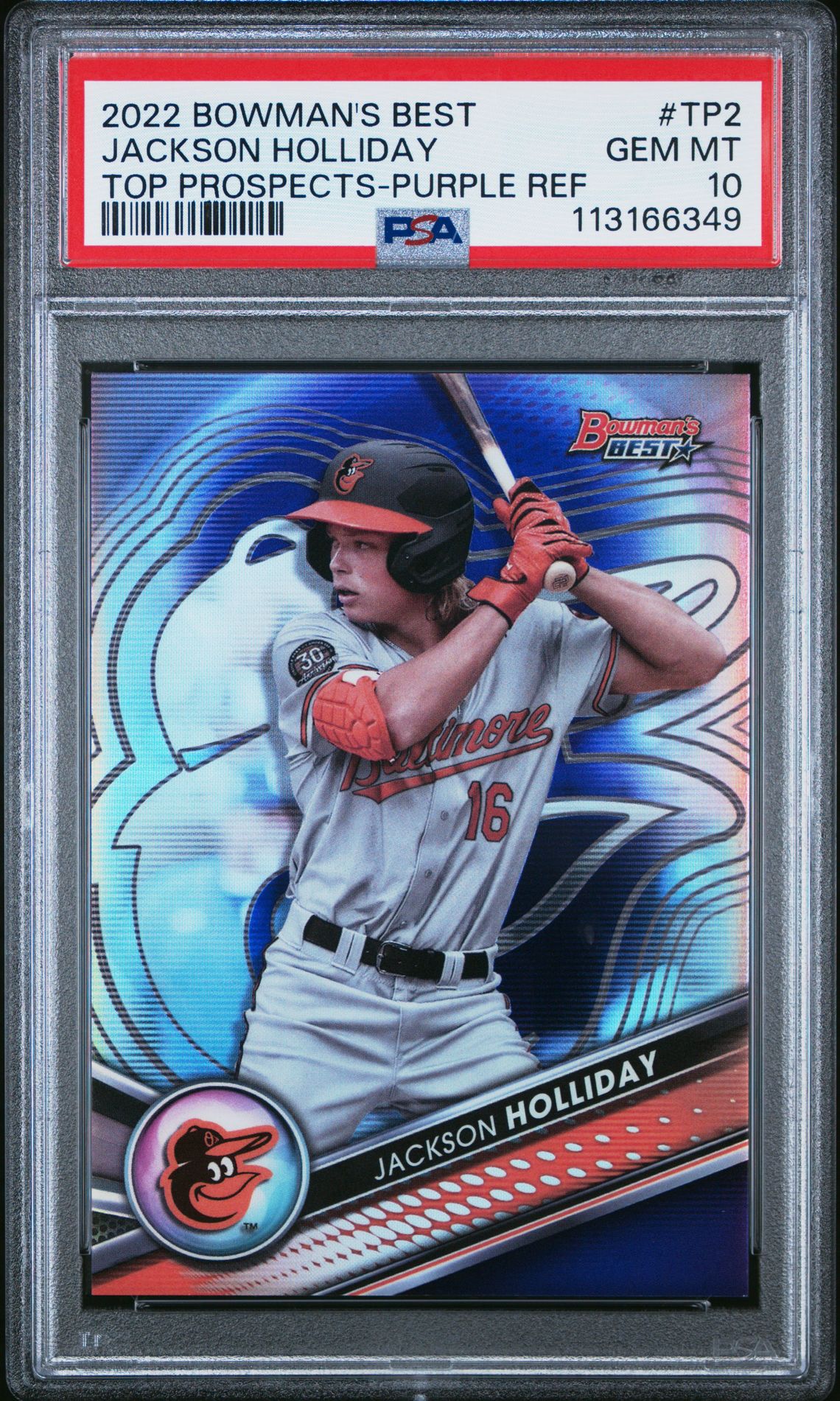 2022 Bowman's Best Top Prospects Jackson Holliday #Tp2 (Top Prospects-Purple Ref) Gem Mt 10 front