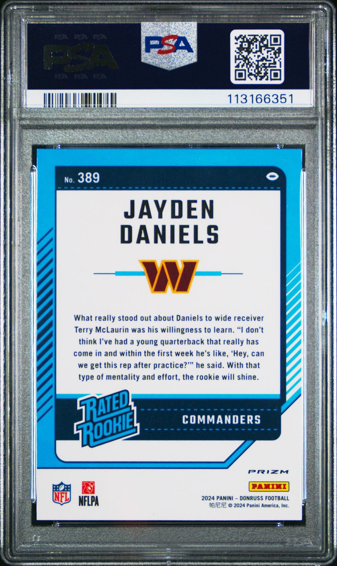 2024 Panini Donruss Jayden Daniels #389 (Optic Preview-Pink) Gem Mt 10 back