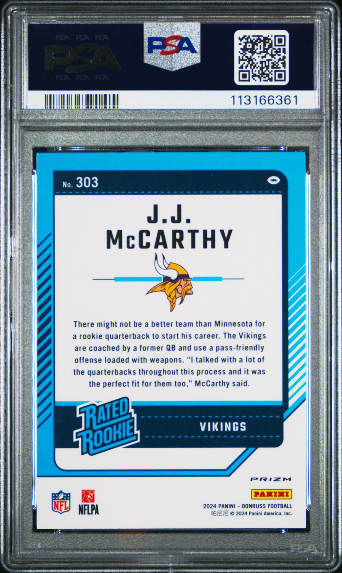 2024 Panini Donruss Jj Mccarthy #303 (Optic Preview-Red Wave) Mint 9 back