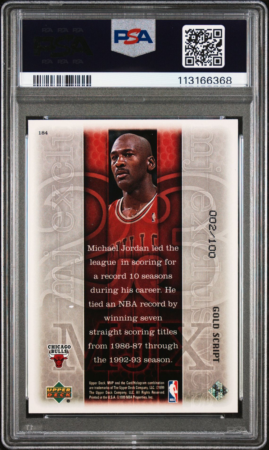 1999 Upper Deck Mvp Michael Jordan #184 (Gold Script) Gem Mt 10 back