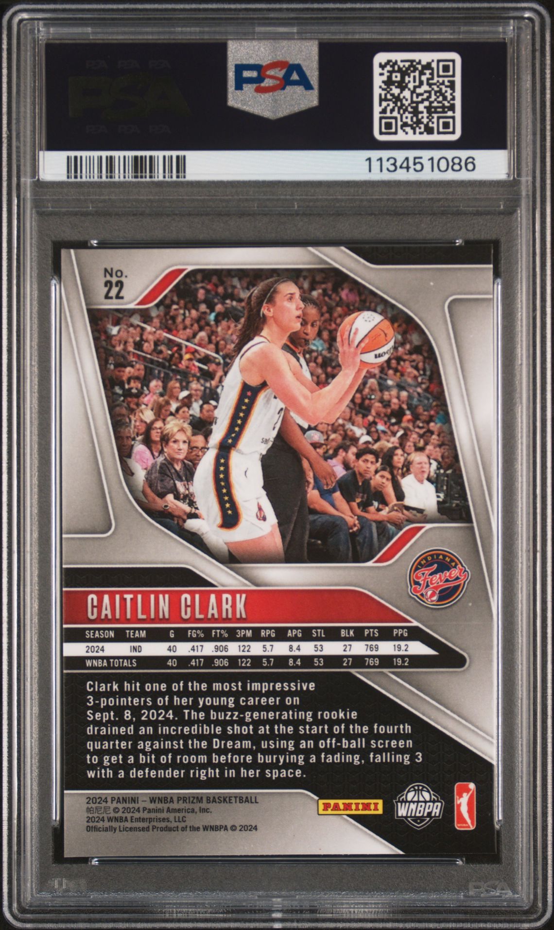 2024 Panini Prizm Wnba Caitlin Clark #22 Gem Mt 10 back