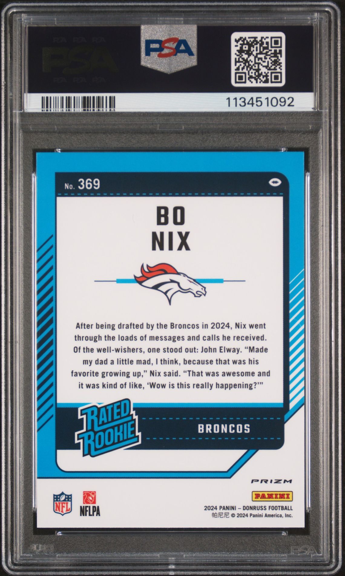 2024 Panini Donruss Bo Nix #369 (Optic Preview-Pink) Gem Mt 10 back