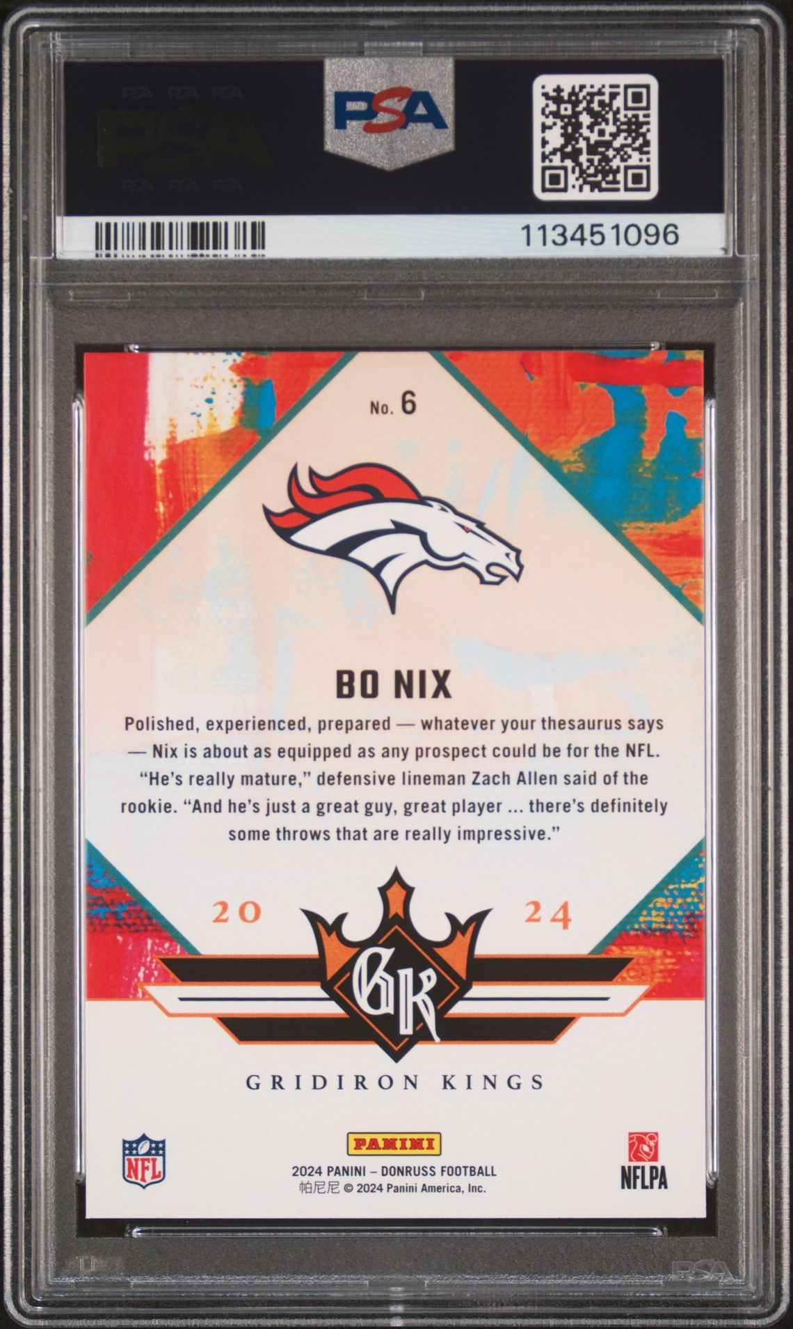 2024 Panini Donruss Rookie Gridiron Kings Bo Nix #6 Gem Mt 10 back