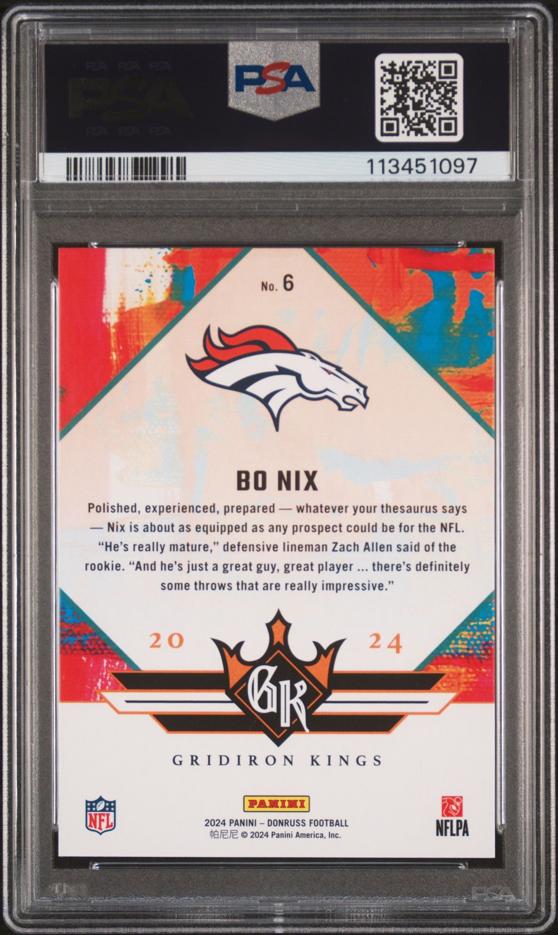 2024 Panini Donruss Rookie Gridiron Kings Bo Nix #6 Gem Mt 10 back