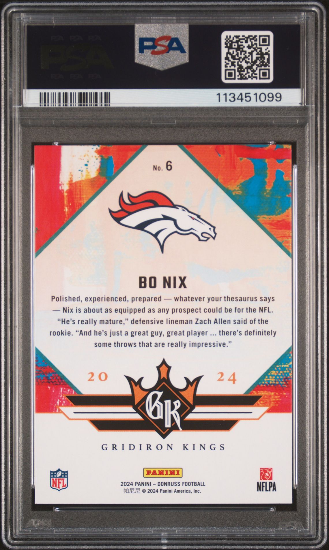 2024 Panini Donruss Rookie Gridiron Kings Bo Nix #6 Gem Mt 10 back