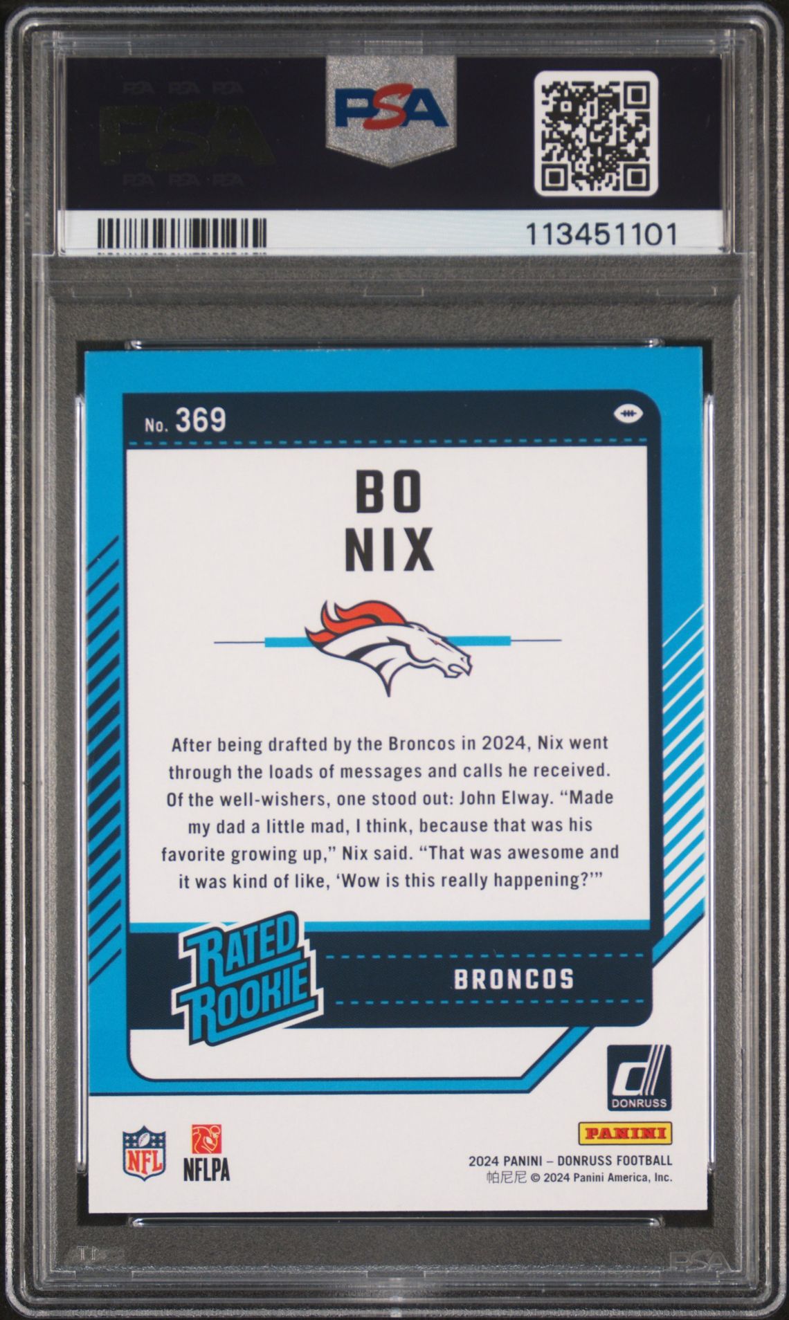 2024 Panini Donruss Bo Nix #369 Gem Mt 10 back