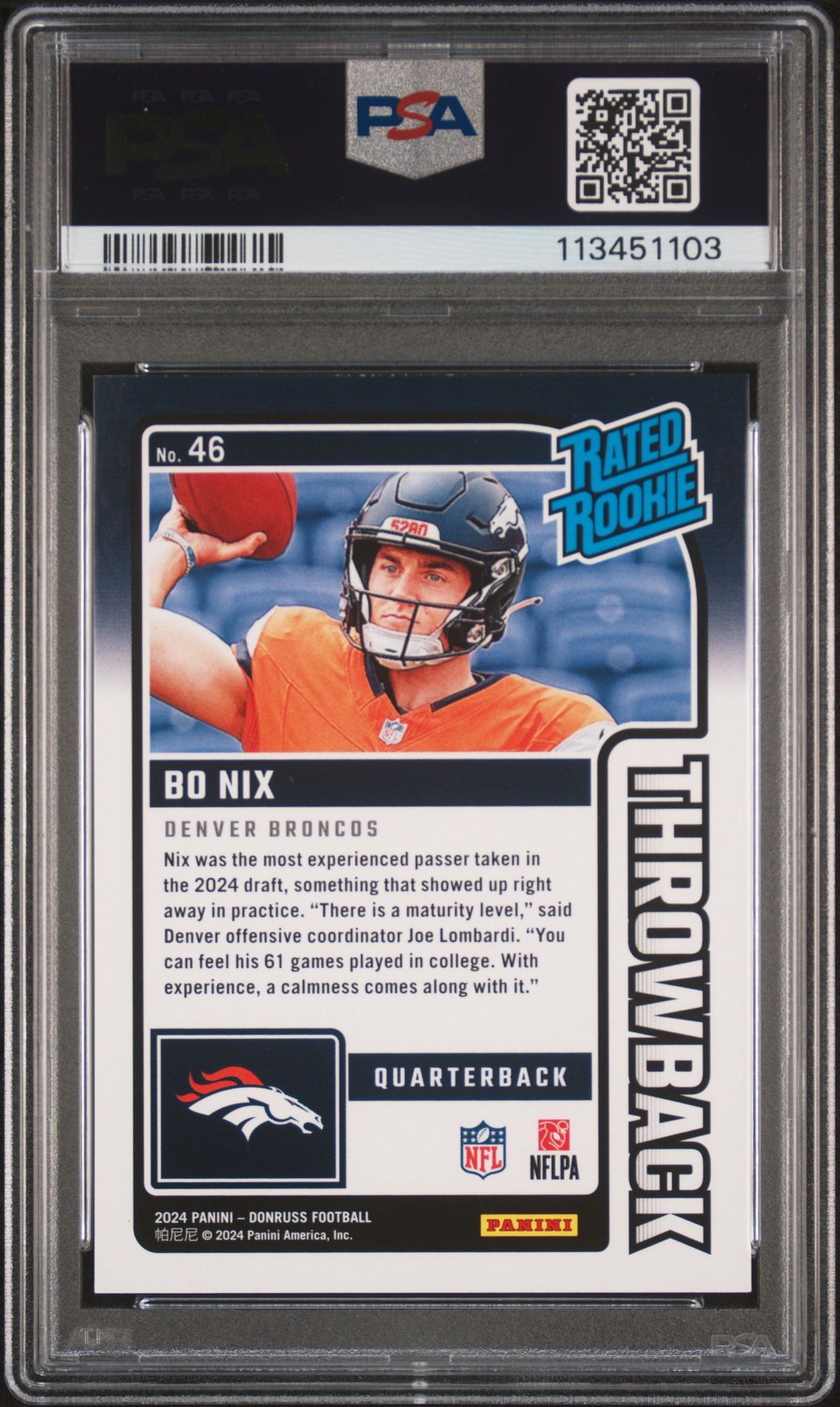 2024 Panini Donruss Rated Rookies Throwback Bo Nix #46 Mint 9 back