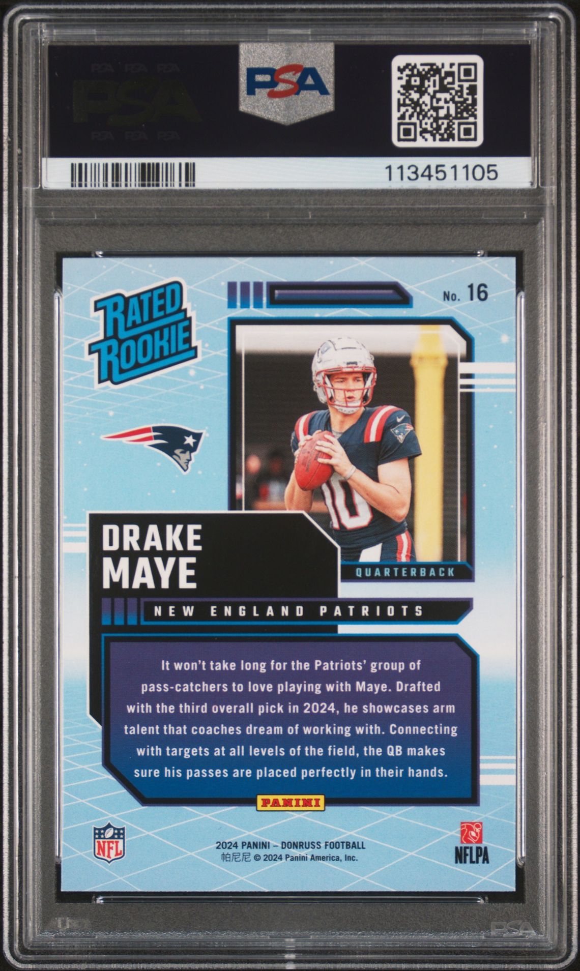2024 Panini Donruss Rated Rookies Retro Drake Maye #16 Gem Mt 10 back