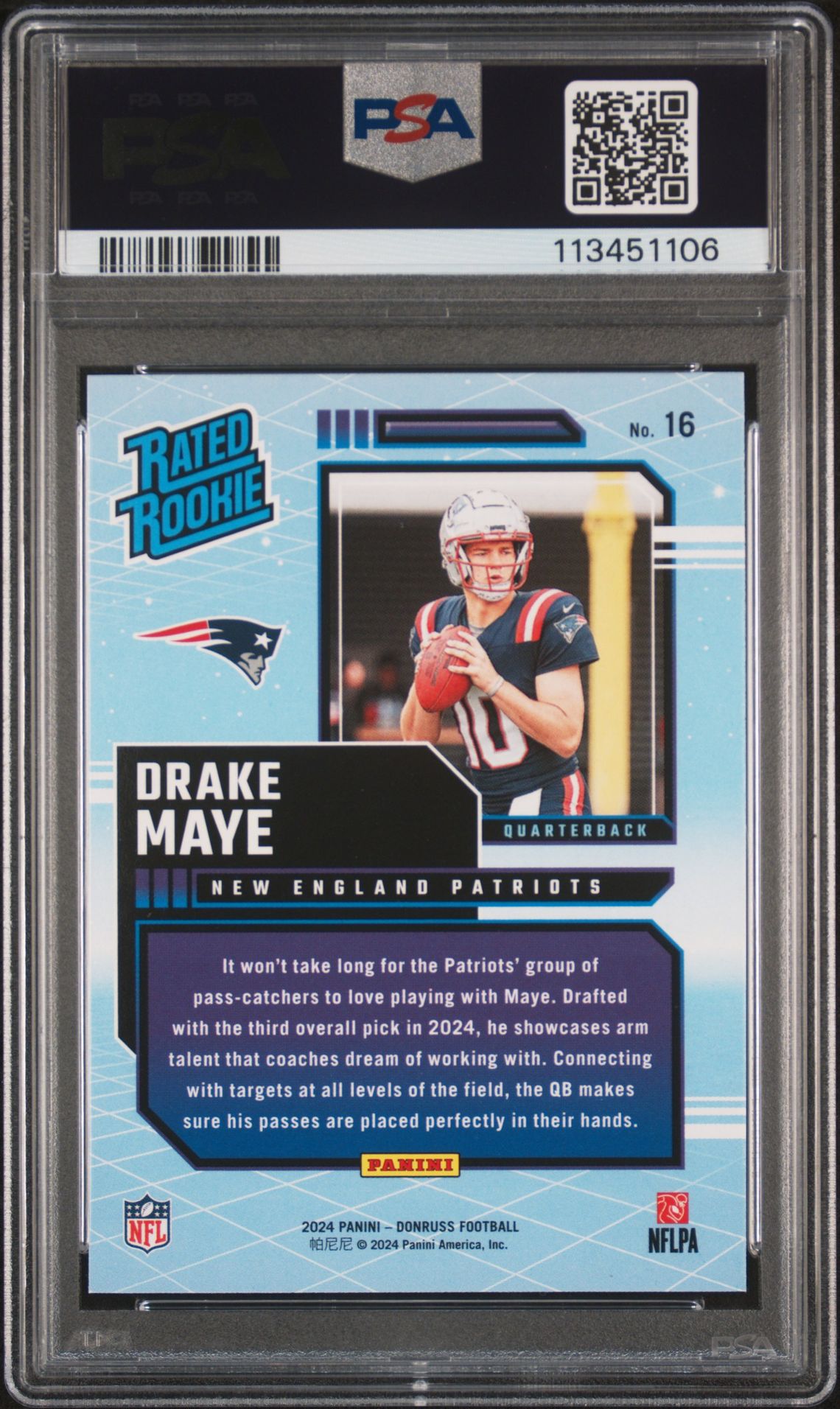 2024 Panini Donruss Rated Rookies Retro Drake Maye #16 Gem Mt 10 back