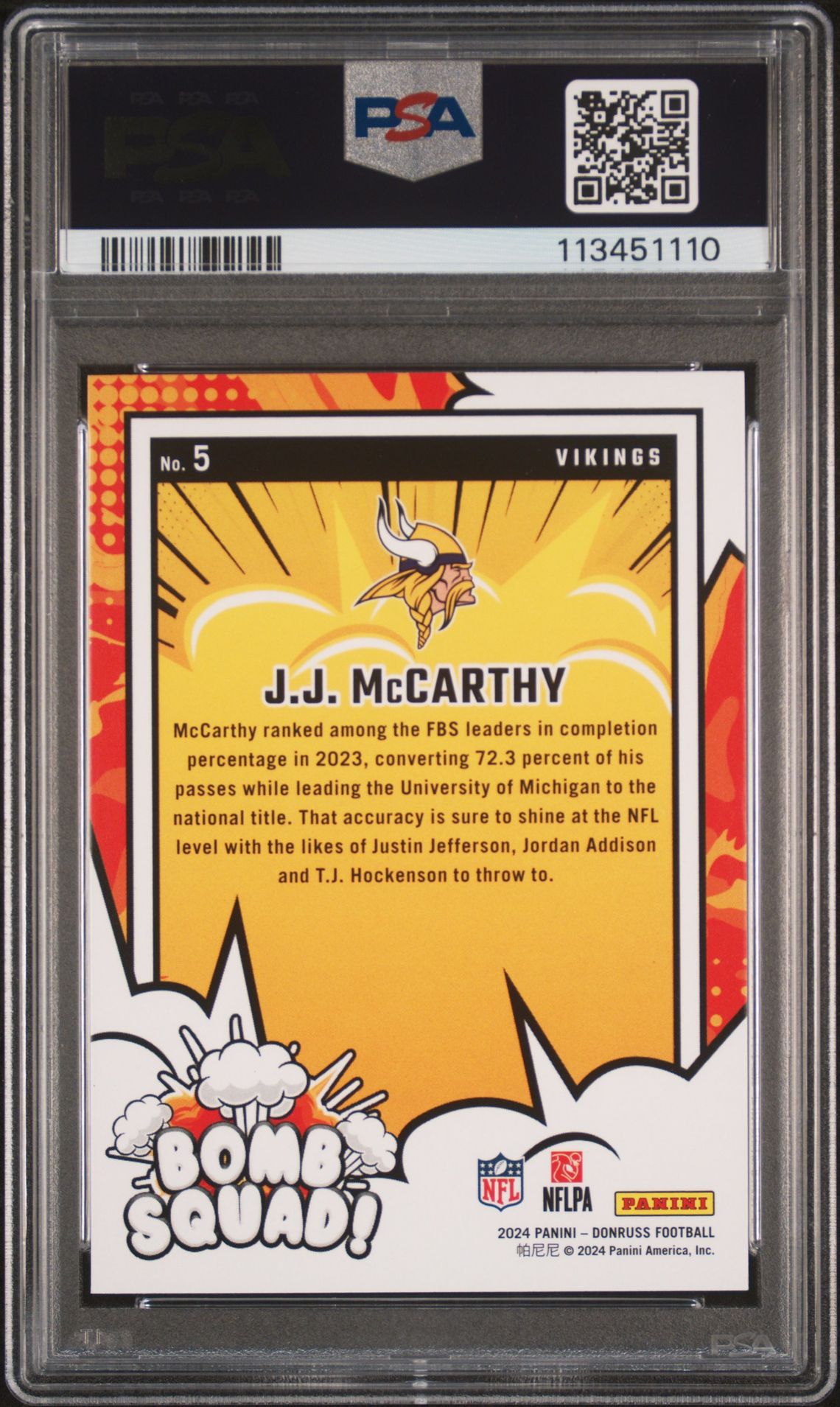 2024 Panini Donruss Bomb Squad Jj Mccarthy #5 Gem Mt 10 back