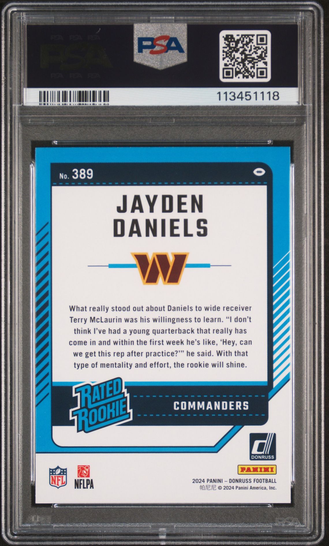 2024 Panini Donruss Jayden Daniels #389 Gem Mt 10 back