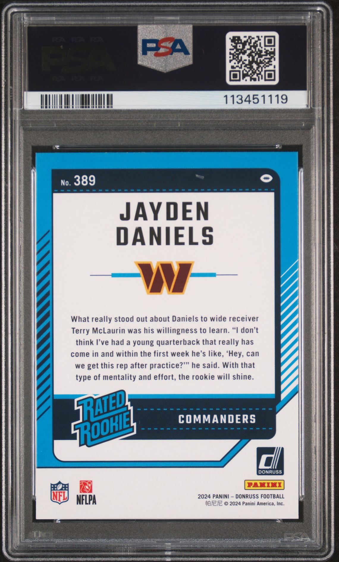 2024 Panini Donruss Jayden Daniels #389 Gem Mt 10 back