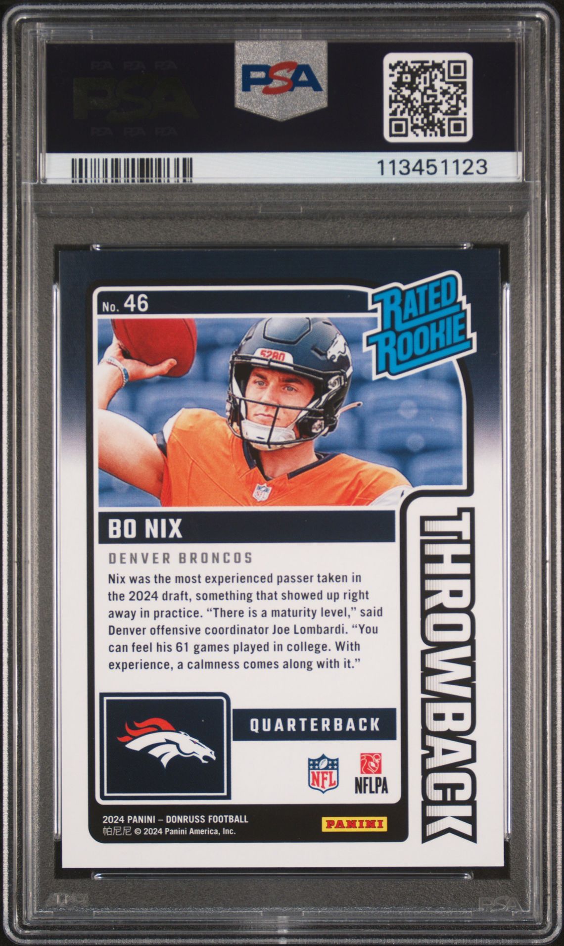2024 Panini Donruss Rated Rookies Throwback Bo Nix #46 Mint 9 back