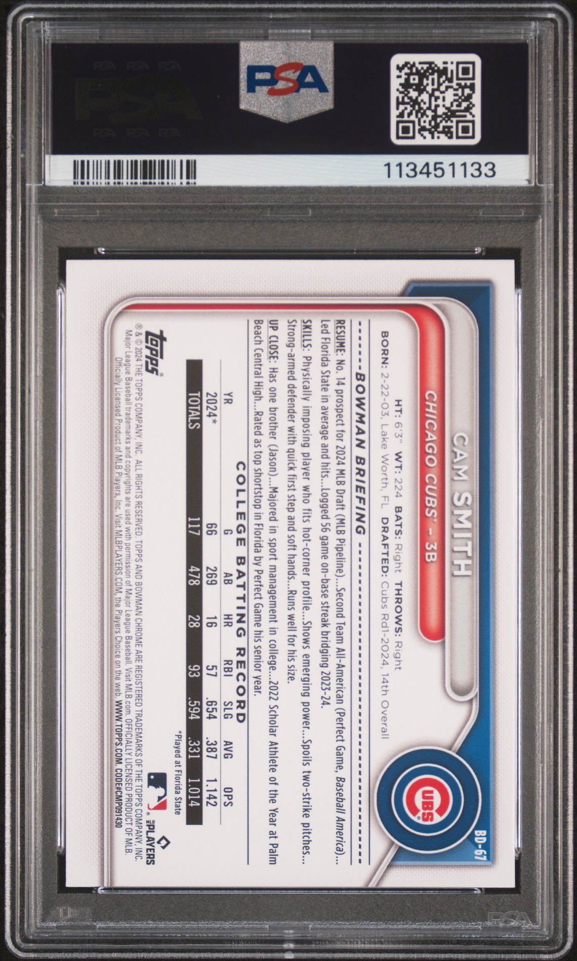 2024 Bowman Draft Cam Smith #Bd67 Gem Mt 10 back