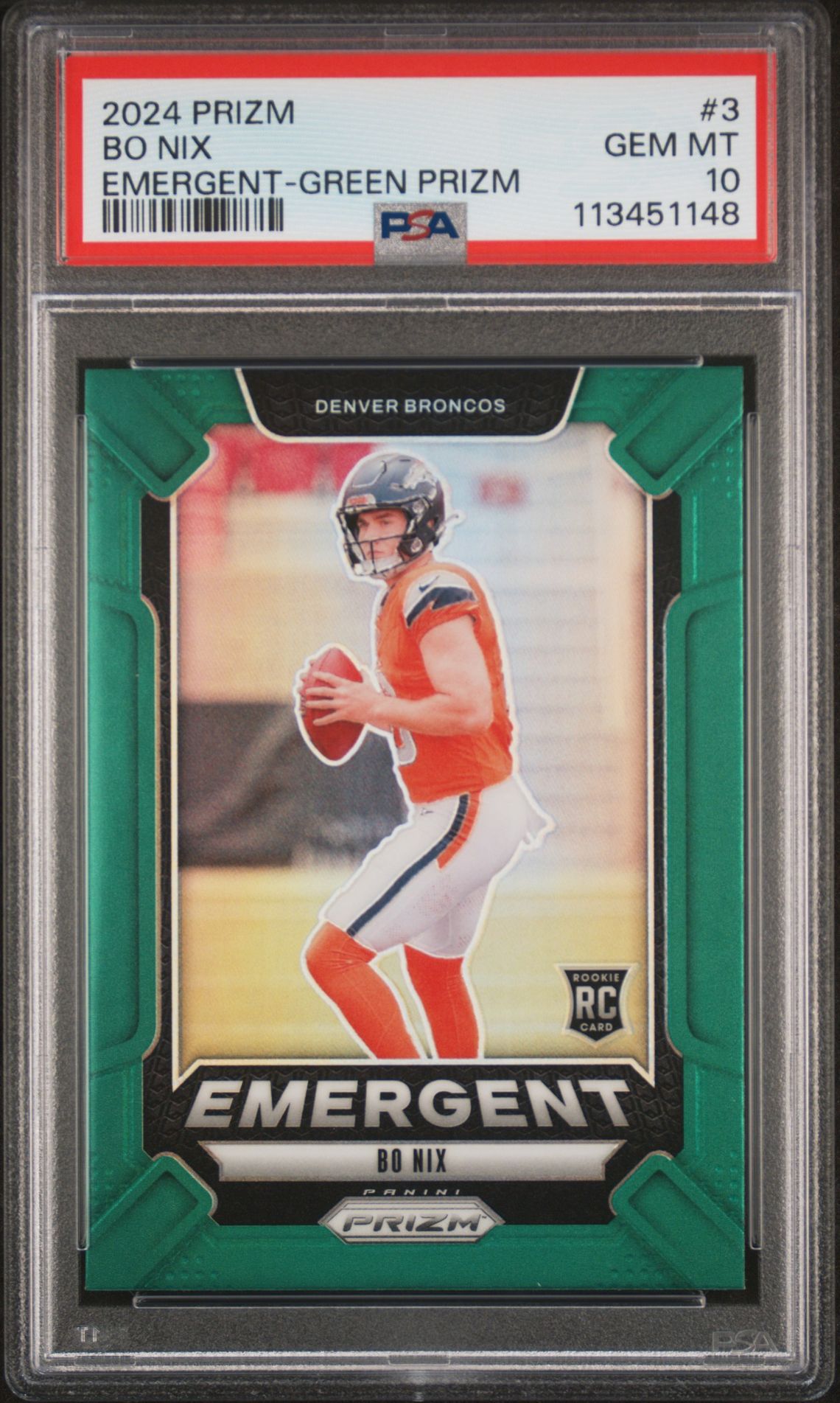 2024 Panini Prizm Emergent Bo Nix #3 (Emergent-Green Prizm) Gem Mt 10 front