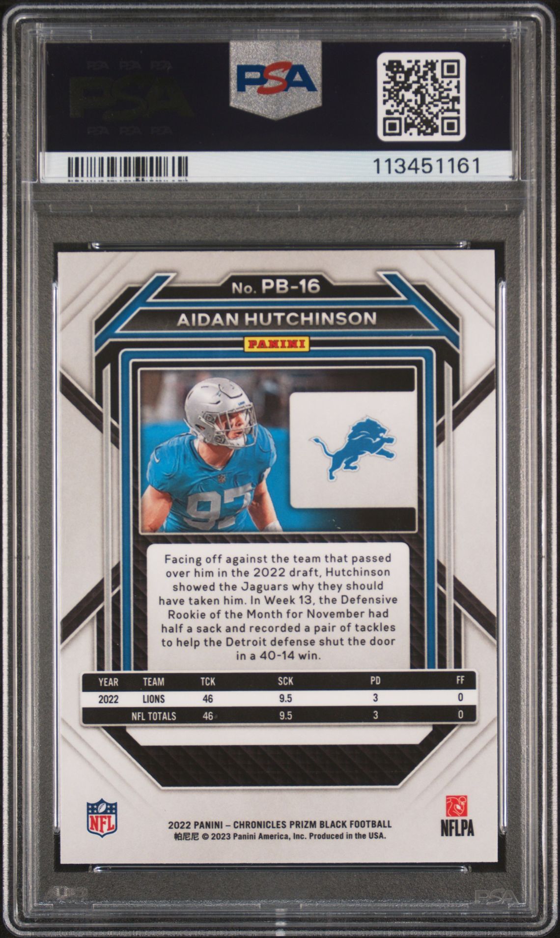 2022 Panini Chronicles Prizm Black Aidan Hutchinson #Pb16 Mint 9 back