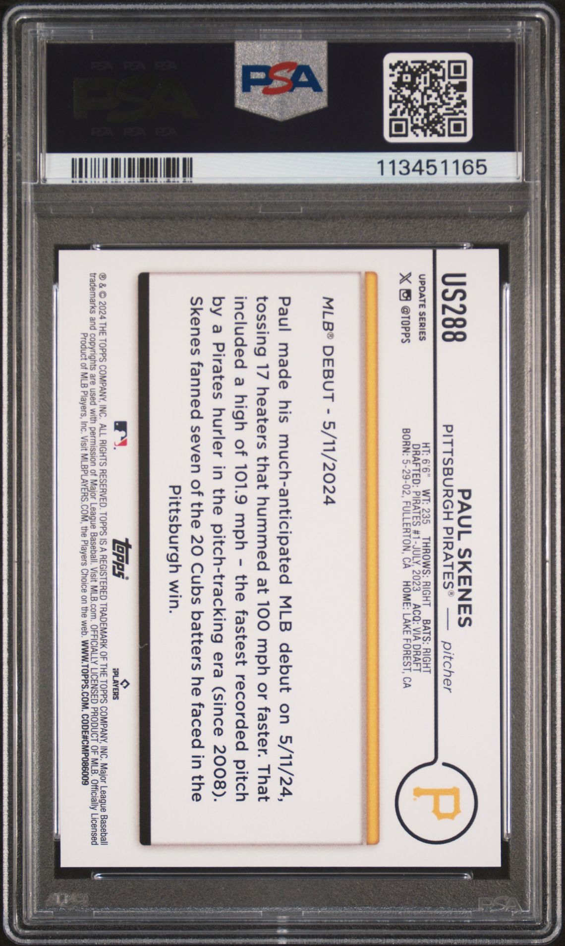 2024 Topps Update Paul Skenes #Us288 (Silver Crackle Foil Board) Gem Mt 10 back