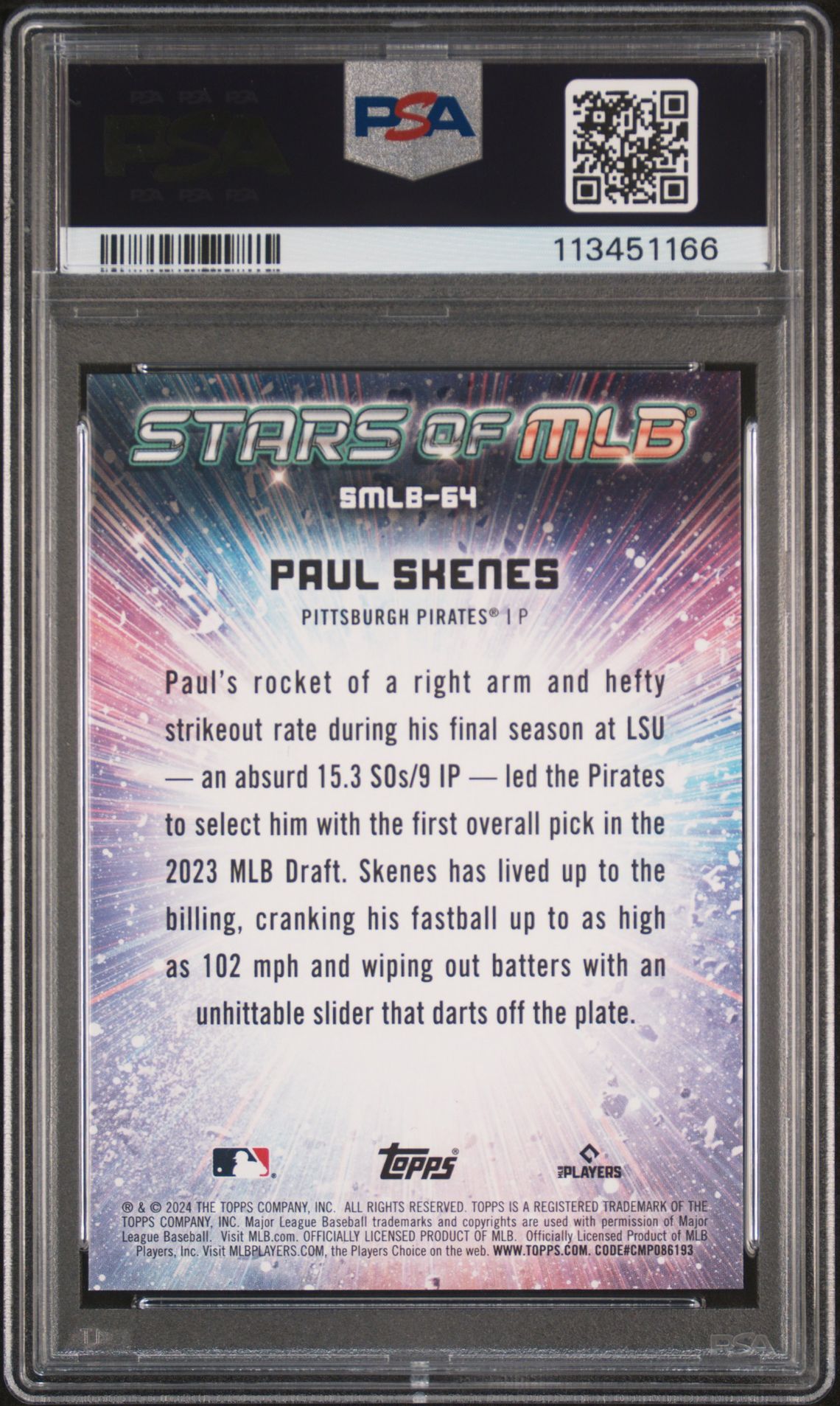 2024 Topps Stars Of Mlb Paul Skenes #Smlb64 (Update) Gem Mt 10 back