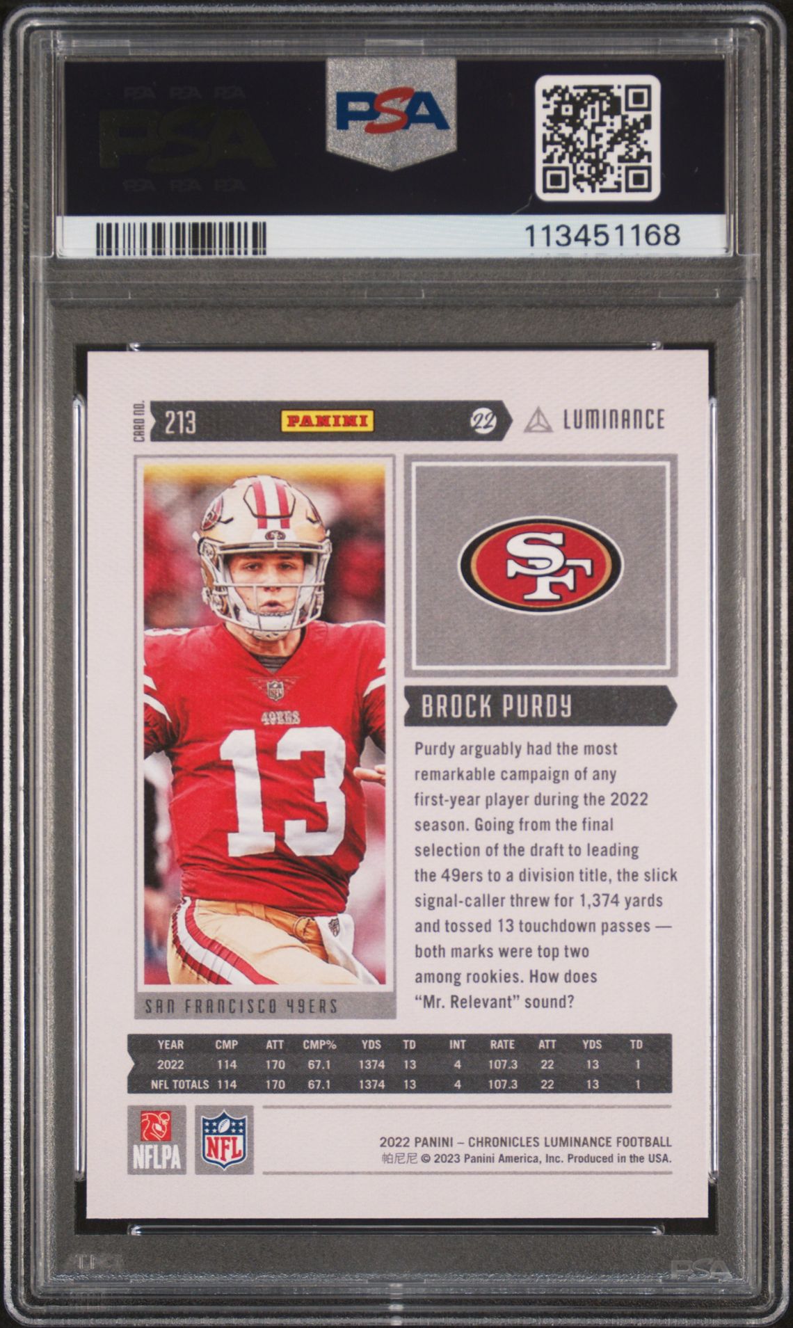 2022 Panini Chronicles Luminance Update Rookies Brock Purdy #213 (Luminance Update Rookies) Mint 9 back