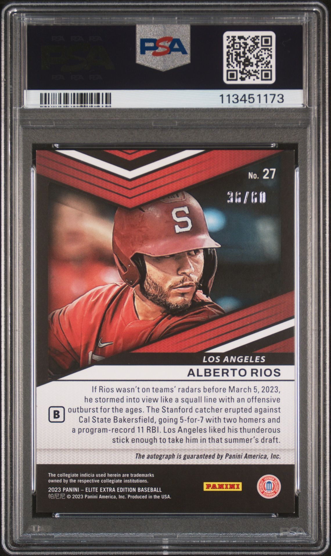 2023 Panini Elite Extra Edition Alberto Rios #27 (Signature-Prime Numbers-B) Mint 9 back