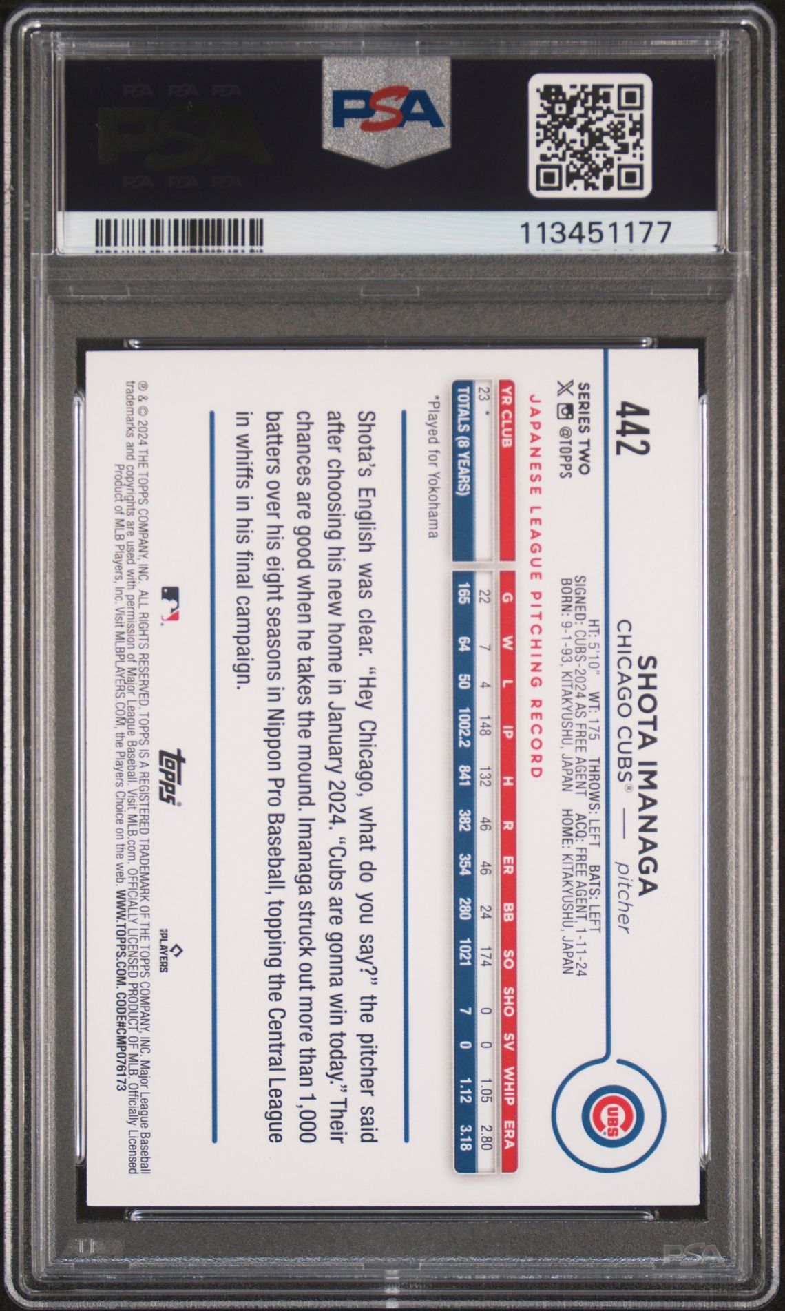 2024 Topps Shota Imanaga #442 Mint 9 back