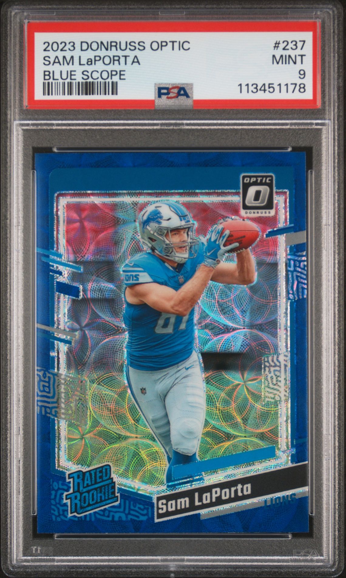 2023 Panini Donruss Optic Sam Laporta #237 (Blue Scope) Mint 9 front