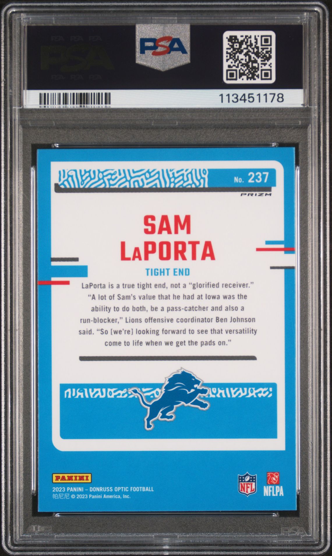 2023 Panini Donruss Optic Sam Laporta #237 (Blue Scope) Mint 9 back
