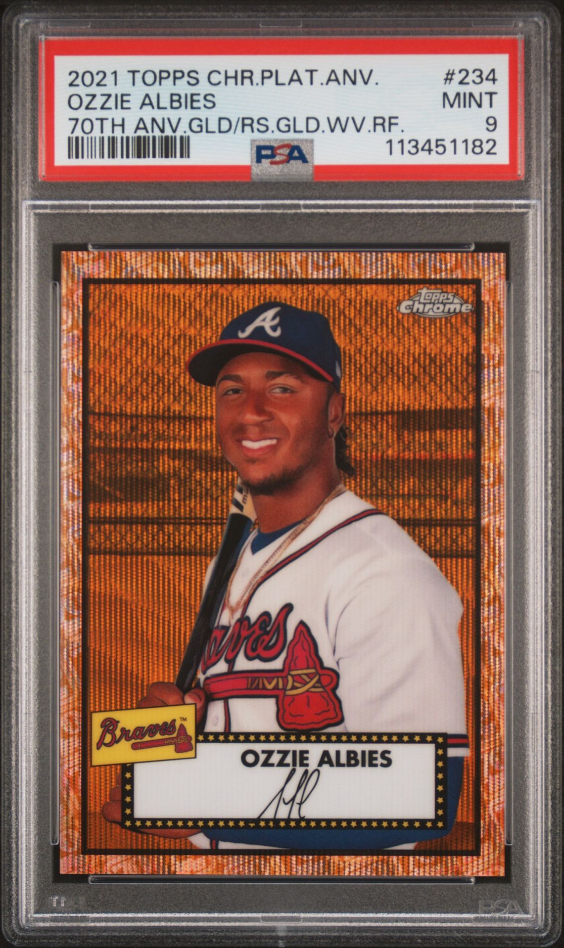 2021 Topps Chrome Platinum Anniversary Ozzie Albies #234 (70Th Anv.gld/Rs.gld.wv.rf.) Mint 9 front