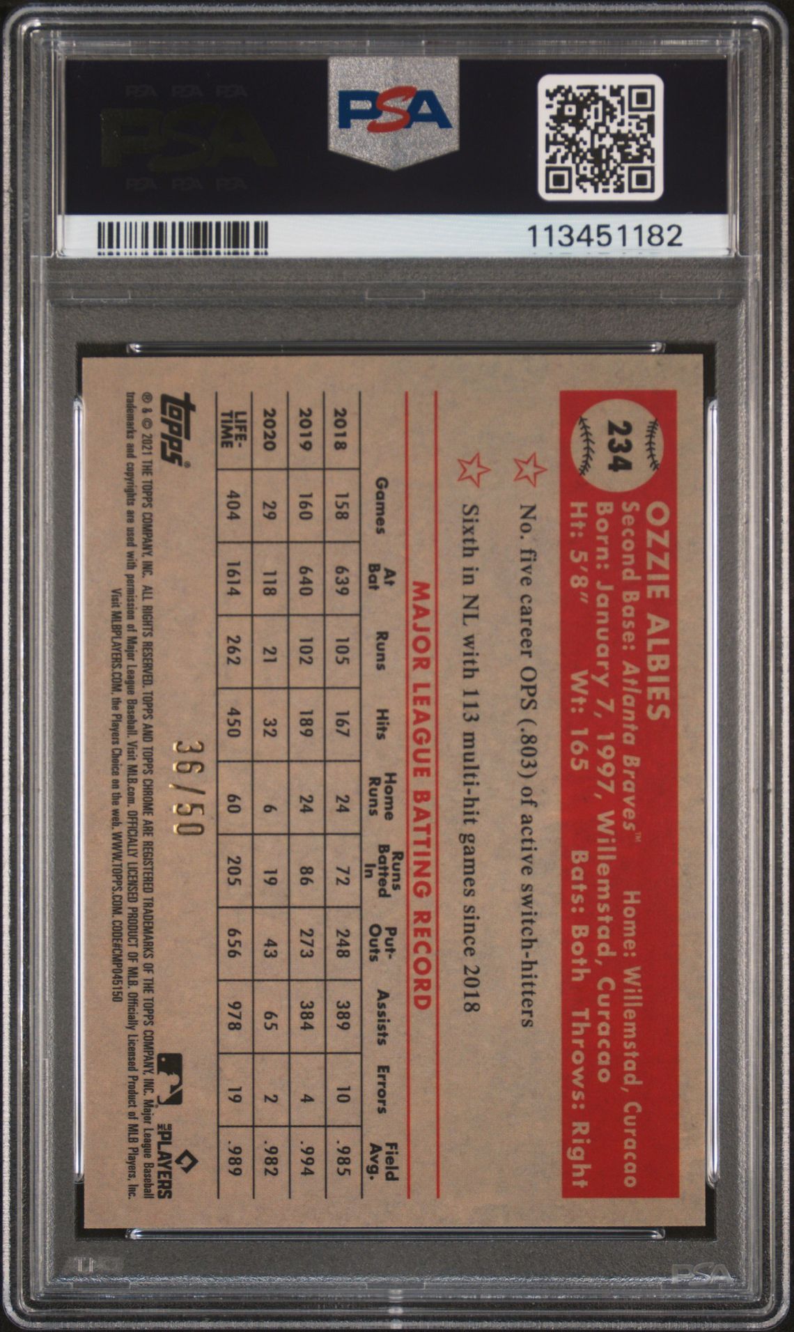 2021 Topps Chrome Platinum Anniversary Ozzie Albies #234 (70Th Anv.gld/Rs.gld.wv.rf.) Mint 9 back