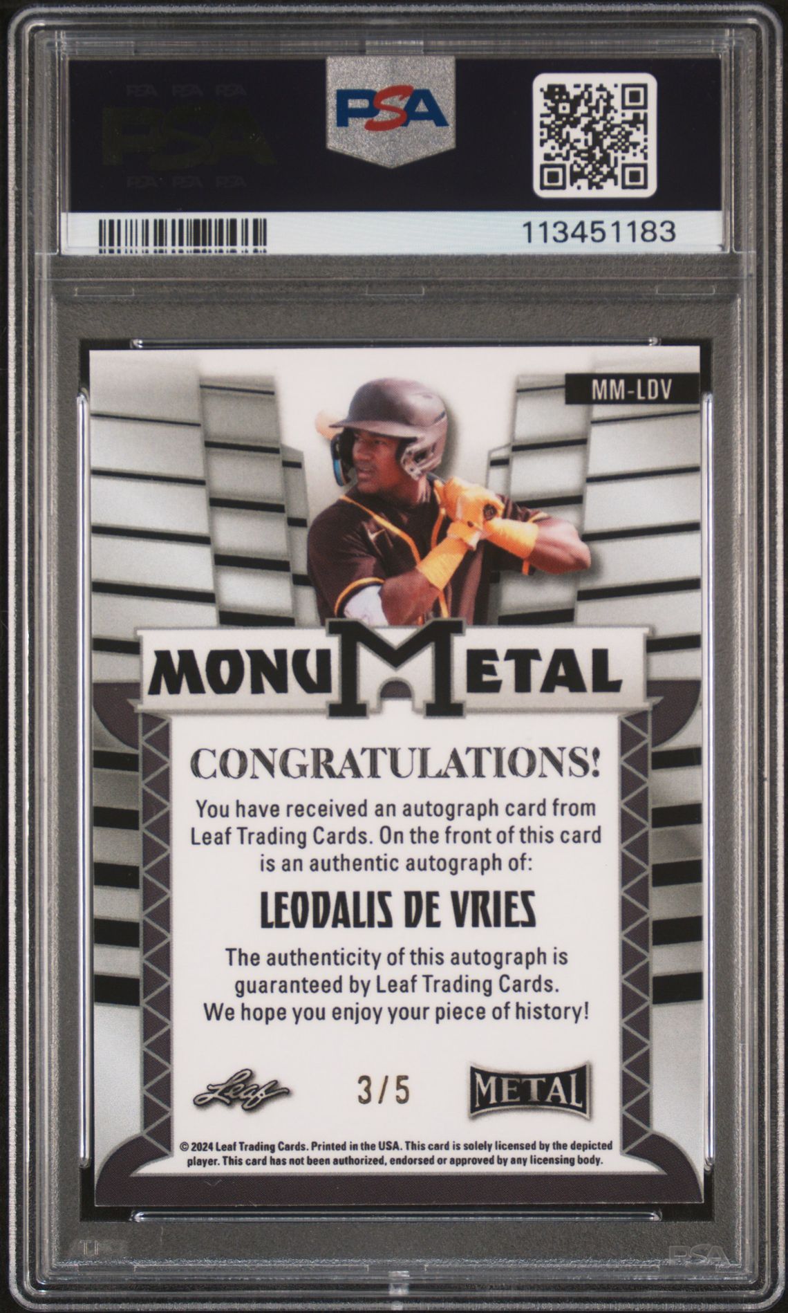 2024 Leaf Metal Monumetal Autographs Leodalis De Vries #Mmldv (Monumetal Au-Green Crystal) Gem Mt 10 back