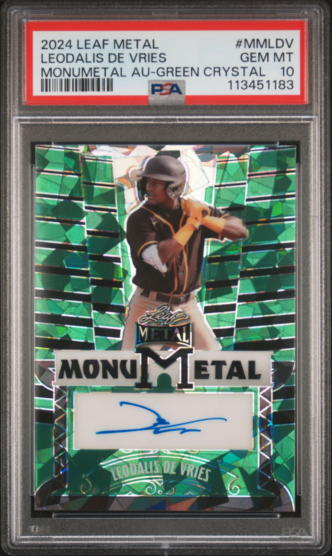 2024 Leaf Metal Monumetal Autographs Leodalis De Vries #Mmldv (Monumetal Au-Green Crystal) Gem Mt 10 front