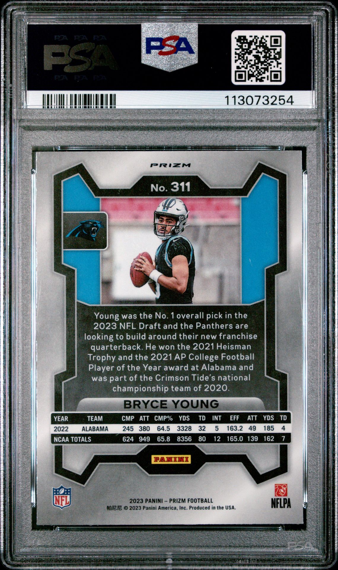 2023 Panini Prizm Bryce Young #311 (Silver Prizm) Gem Mt 10 back